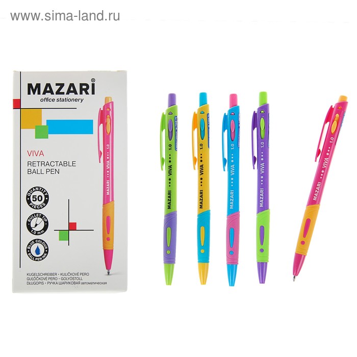 фото Ручка шариковая автоматическая mazari viva, 1.0 мм, резиновый упор, синяя, корпус микс