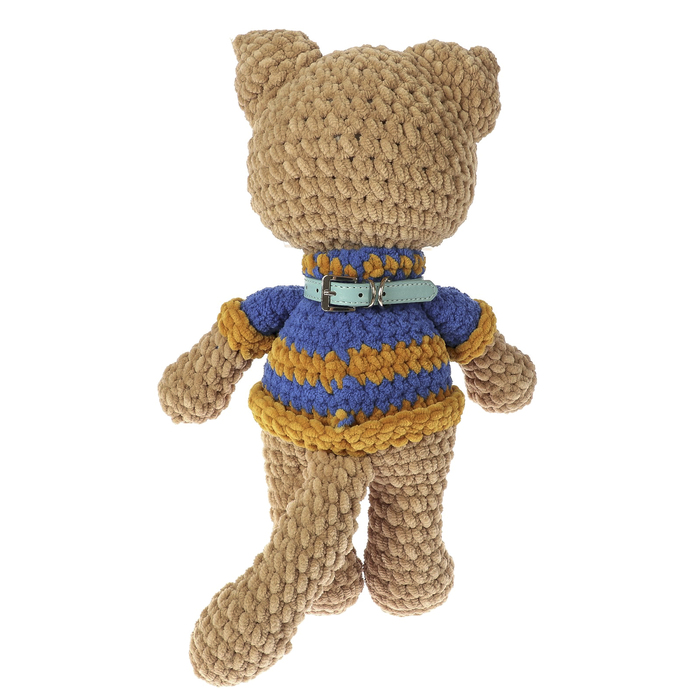 Сувенир вязаный "Кот бежевый с голубым ошейником" в сине-желтом, 30 см