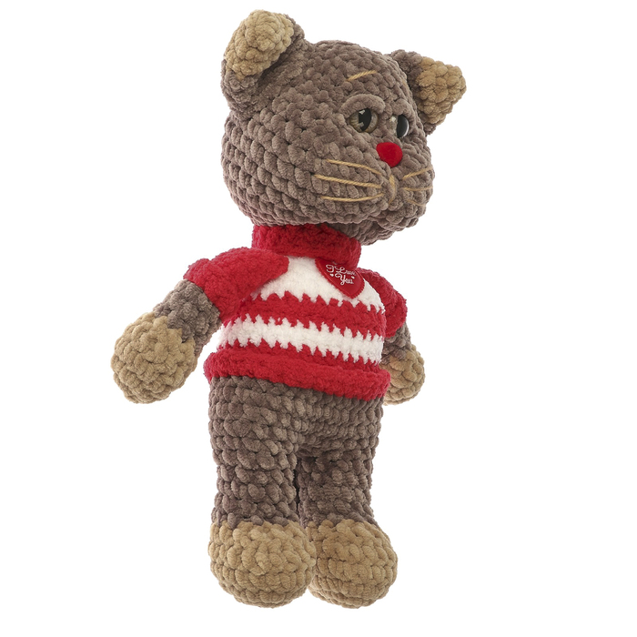 Сувенир вязаный "Кот бежевый Красный нос с сердцем" в бело-красном, 30 см