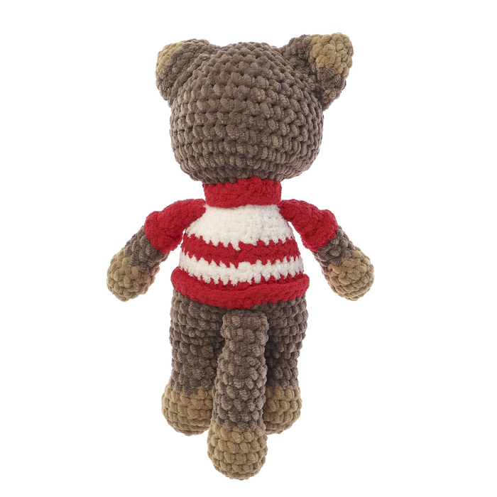 Сувенир вязаный "Кот бежевый Красный нос с сердцем" в бело-красном, 30 см