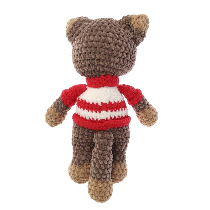 Сувенир вязаный "Кот бежевый Красный нос с сердцем" в бело-красном, 30 см