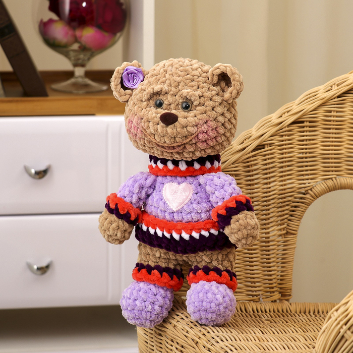 Сувенир вязаный "Мишка-малыш с сердцем" сиреневый, 30см