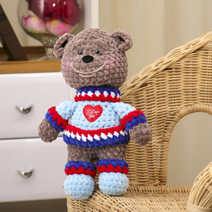 Сувенир вязаный "Мишка-малыш с сердцем" синий, 30см