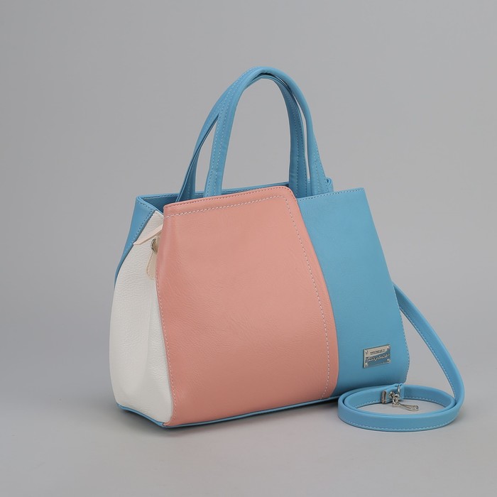 Сумка женская, 2 отдела на молнии, наружный карман, длинный ремень, цвет белый/розовый/голубой