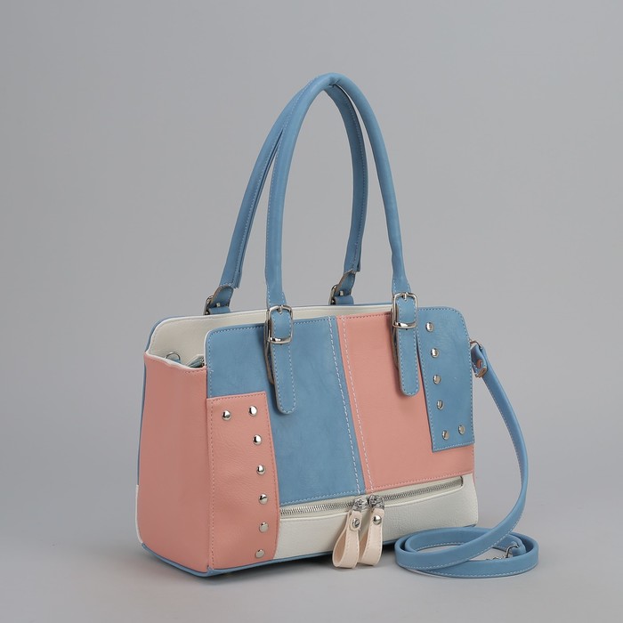 Сумка женская, 2 отдела на молнии, наружный карман, цвет белый/розовый/голубой