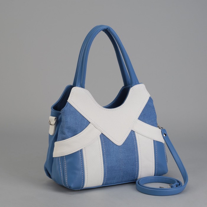 Сумка женская, 2 отдела на молнии, наружный карман, длинный ремень, цвет белый/синий