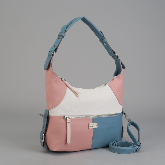 Сумка женская, отдел на молнии, 2 наружных кармана, длинный ремень, цвет белый/розовый/голубой