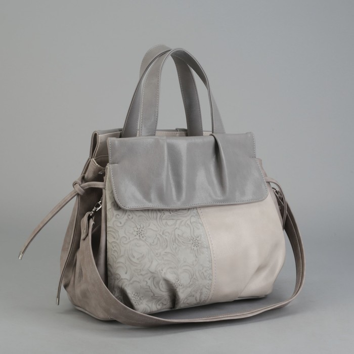 Сумка женская, 3 отдела на молниях, наружный карман, длинный ремень, цвет серый