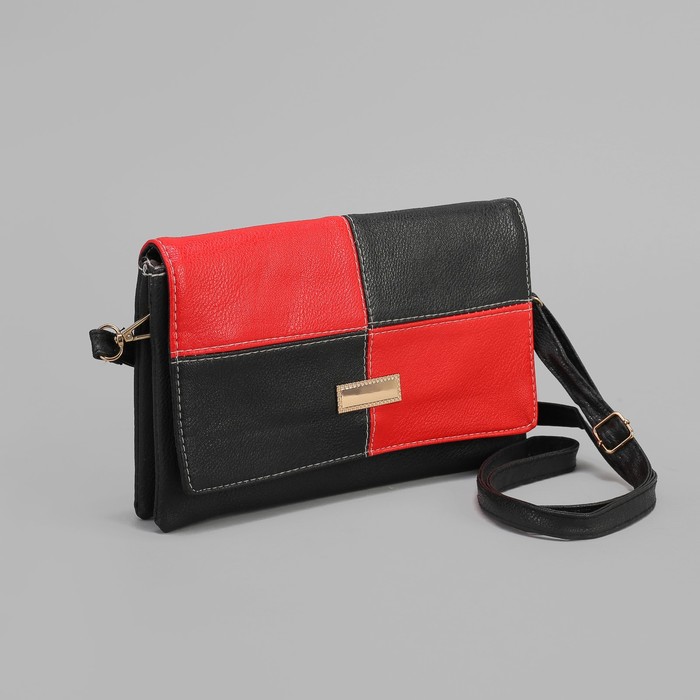 Клатч женский, 3 отдела на молнии, длинный ремень, цвет чёрный/красный