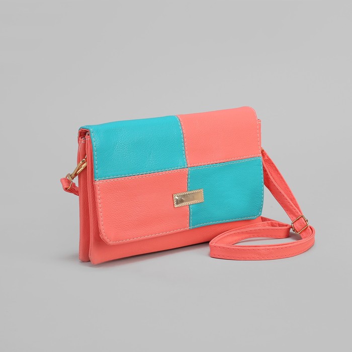 Клатч женский, 3 отдела на молнии, длинный ремень, цвет бирюзовый/розовый