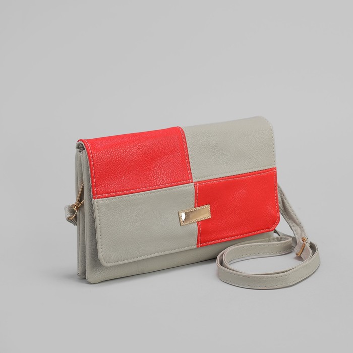 Клатч женский, 3 отдела на молнии, длинный ремень, цвет серый/красный