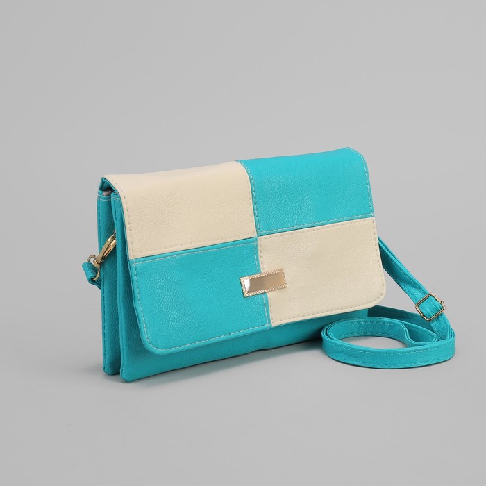 Клатч женский, 3 отдела на молнии, длинный ремень, цвет бирюзовый/белый