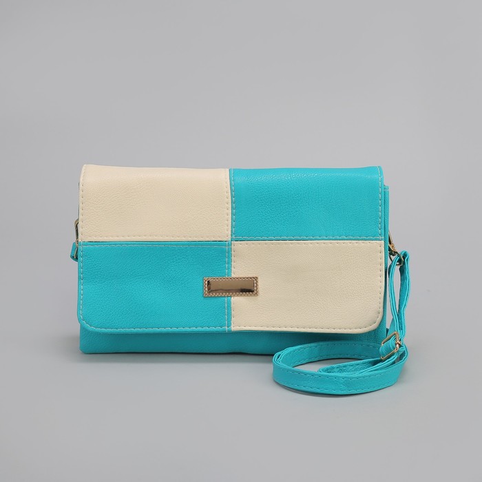 Клатч женский, 3 отдела на молнии, длинный ремень, цвет бирюзовый/белый
