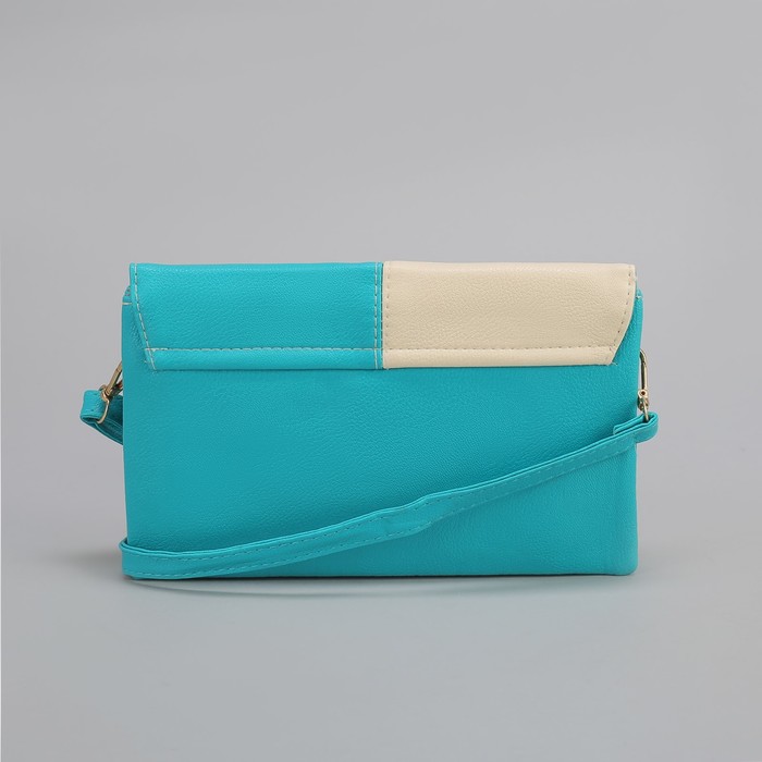 Клатч женский, 3 отдела на молнии, длинный ремень, цвет бирюзовый/белый