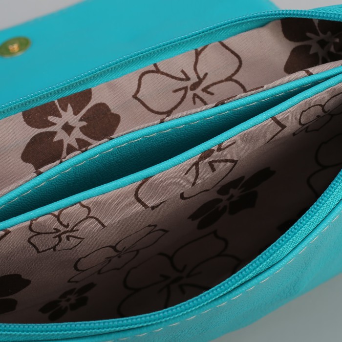 Клатч женский, 3 отдела на молнии, длинный ремень, цвет бирюзовый/белый