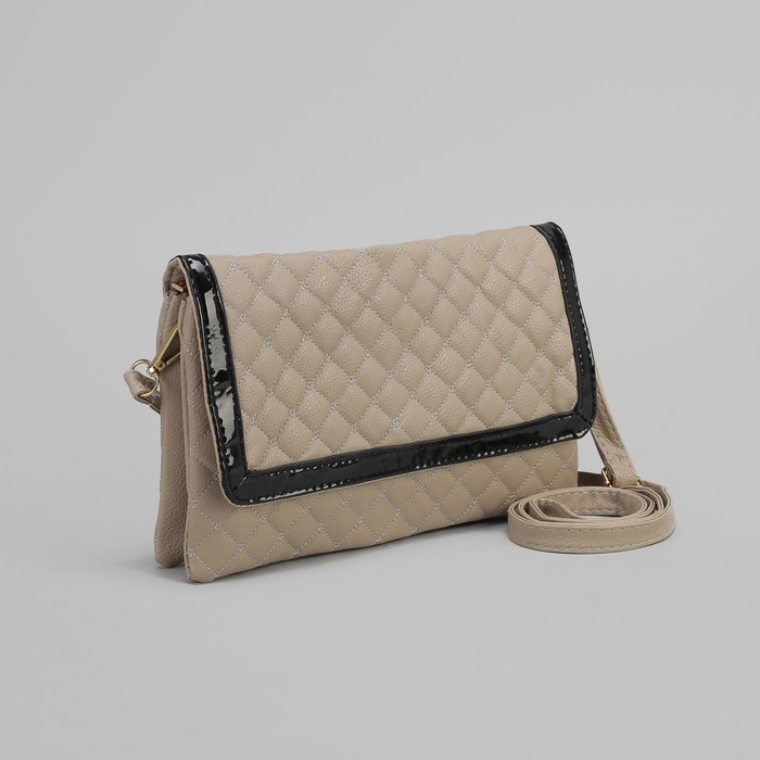 Клатч женский, 3 отдела на молнии, длинный ремень, цвет серый