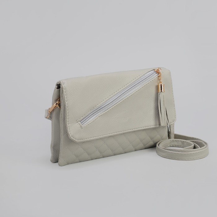 Клатч женский, 3 отдела на молнии, наружный карман, длинный ремень, цвет серый