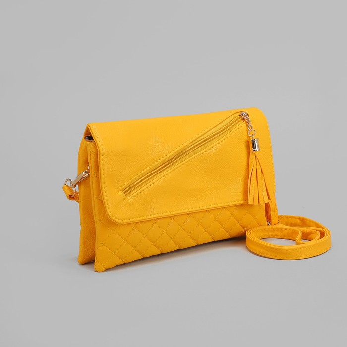 Клатч женский, 3 отдела на молнии, наружный карман, длинный ремень, цвет жёлтый