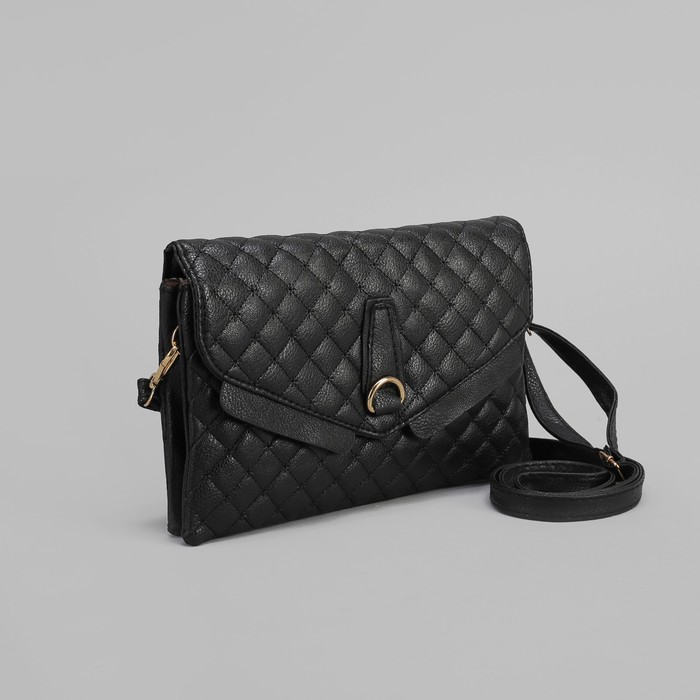 Клатч женский, 3 отдела на молнии, длинный ремень, цвет чёрный