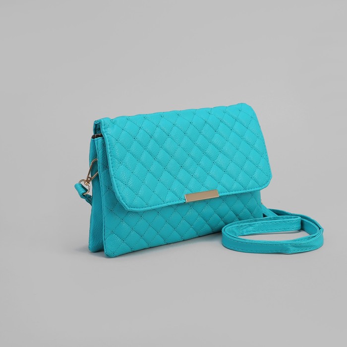 Клатч женский, 3 отдела на молнии, 2 наружных кармана, длинный ремень, цвет бирюзовый