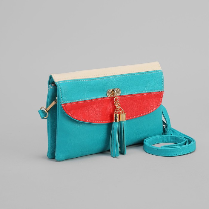 Клатч женский, 3 отдела на молнии, длинный ремень, цвет бирюзовый/белый