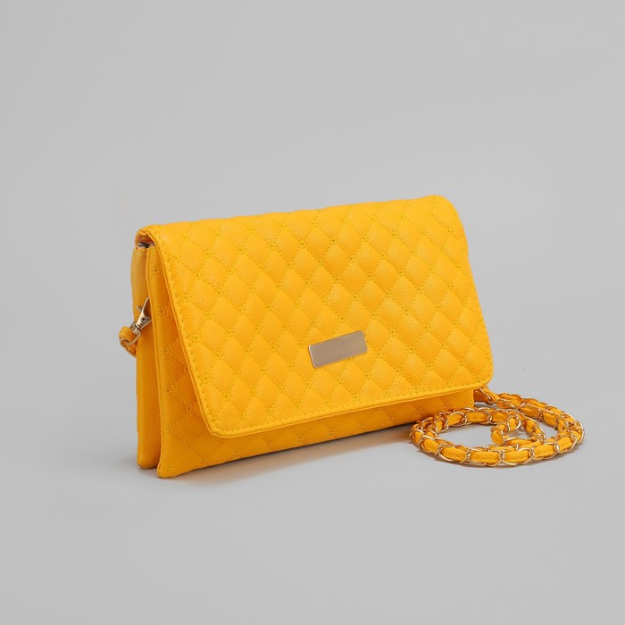 Клатч женский "Плетёнка", 3 отдела на молнии, 2 наружных кармана, длинный ремень, цвет жёлтый