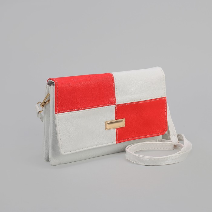 Клатч женский, 3 отдела на молнии, длинный ремень, цвет красный/белый