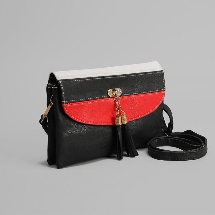 Клатч женский, 3 отдела на молнии, длинный ремень, цвет чёрный/красный