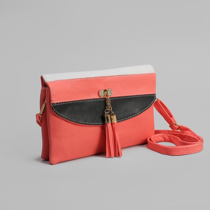 Клатч женский, 3 отдела на молнии, длинный ремень, цвет бежевый/розовый