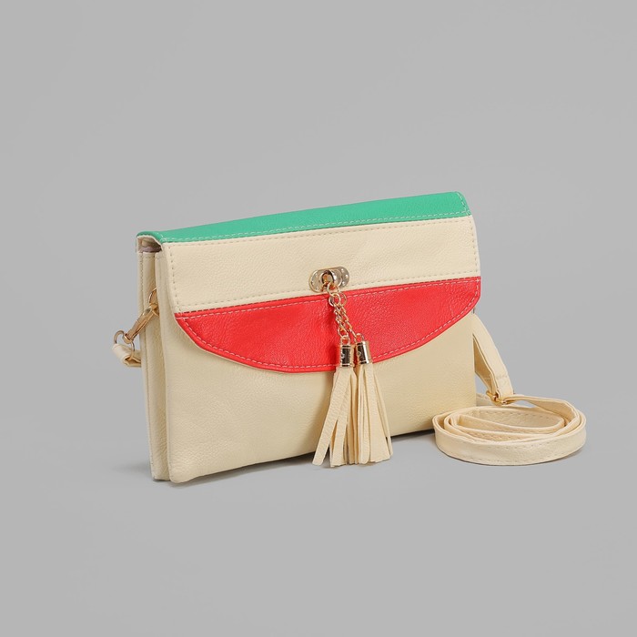 Клатч женский, 3 отдела на молнии, длинный ремень, цвет зелёный/белый