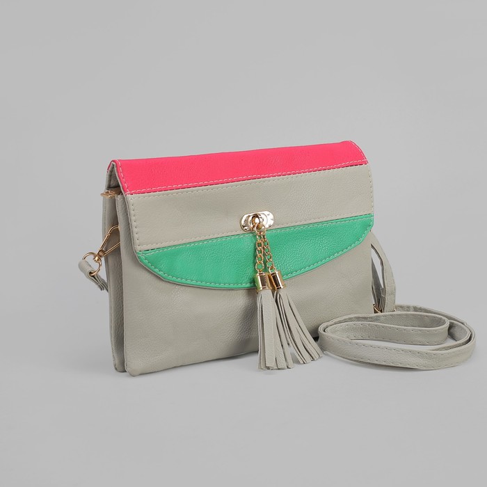 Клатч женский, 3 отдела на молнии, длинный ремень, цвет серый/красный