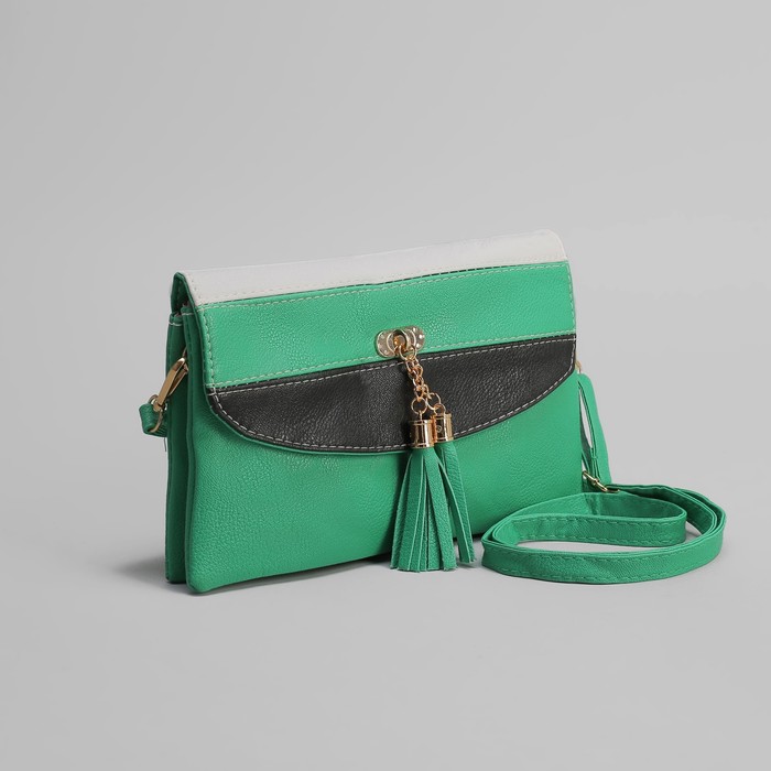 Клатч женский, 3 отдела на молнии, длинный ремень, цвет зелёный/чёрный