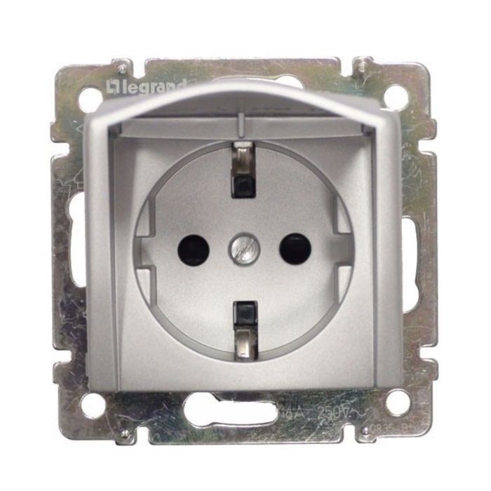 Механизм розетки 1-м СП Legrand "Valena ", с защ. крышкой с заземл., алюм. 770122