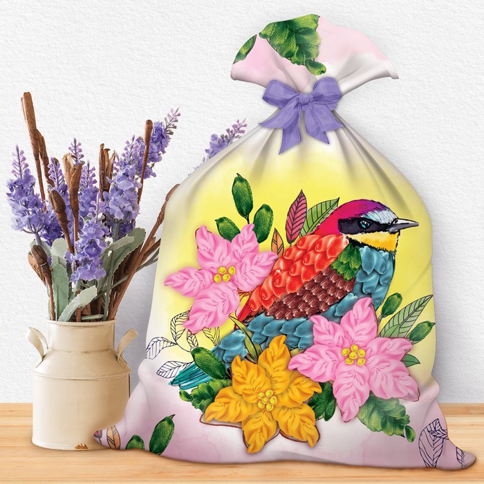 Вышивки лентами на мешочке "Птица", 35 х 25 см