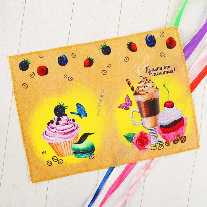 Вышивка лентами на мешочке "Приятного чаепития", 35 х 25 см