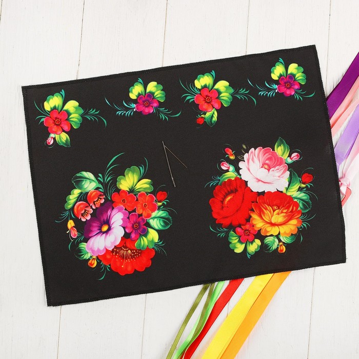 Вышивка лентами на мешочке "Жостово", 35 х 25 см