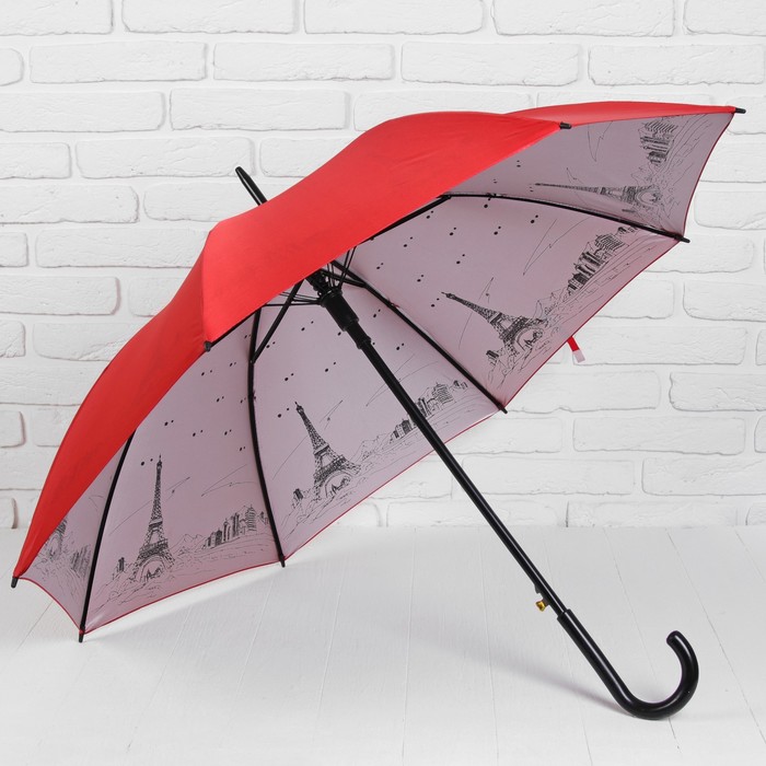 Зонт-трость "Ночной Париж", полуавтоматический, R=53см, цвет красный