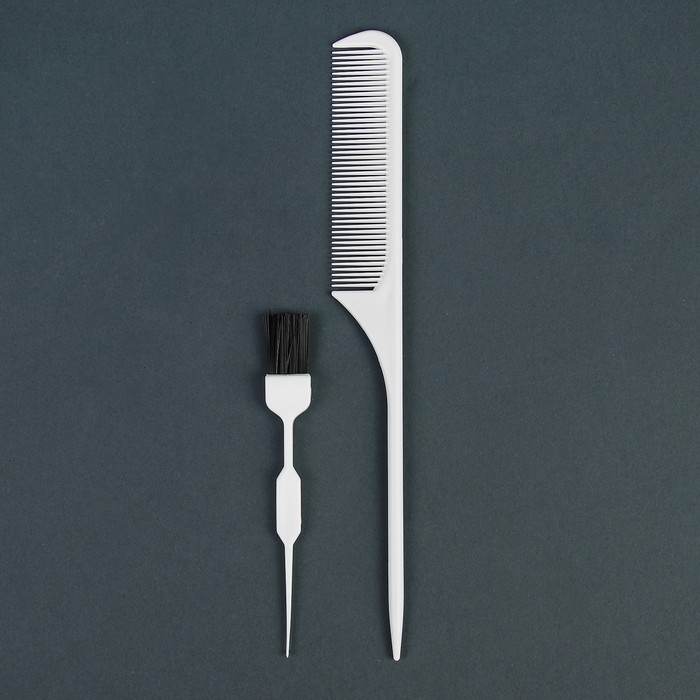 Набор для окрашивания, 2 предмета: расчёска с хвостиком, кисть для покарски, 19,5см, цвет белый