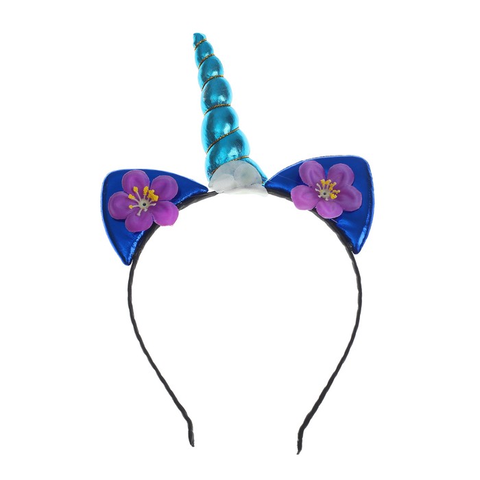 Карнавальный ободок "Единорог" с цветочками, цвет синий