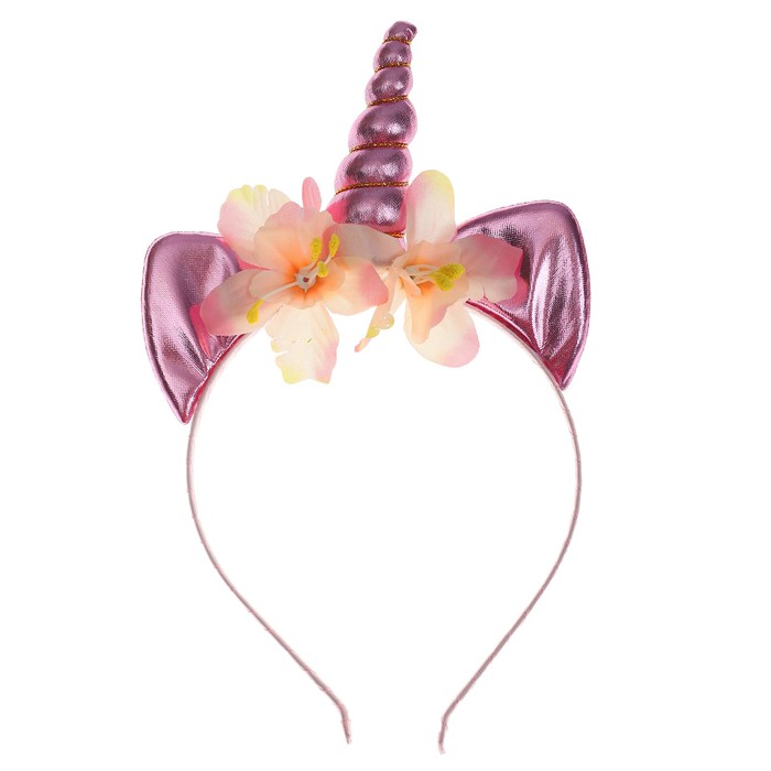 Карнавальный ободок "Единорог" с цветочком, цвет розовый