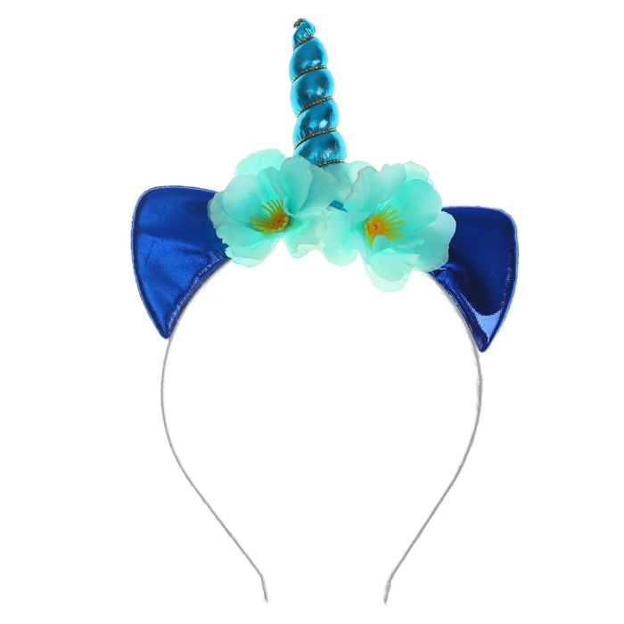 Карнавальный ободок "Единорог" с цветочками, цвет синий