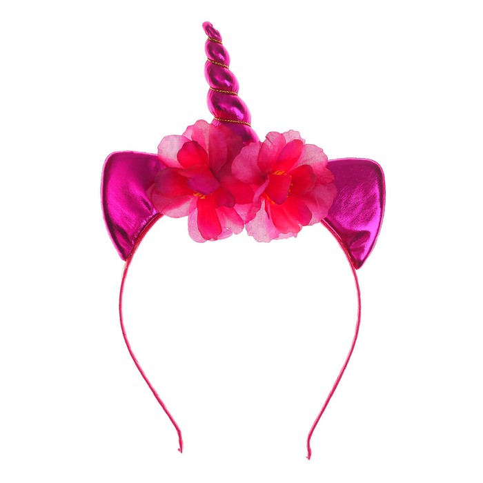 Карнавальный ободок "Единорог" с цветочками, цвет фуксия