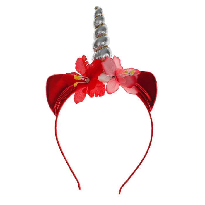 Карнавальный ободок "Единорог" с цветочками красный