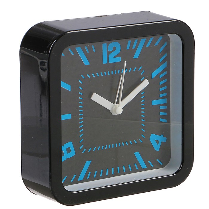 Часы настольные, черные, квадрат, цифры 4, 8, 12, остальные - отметки, микс, 12*12см