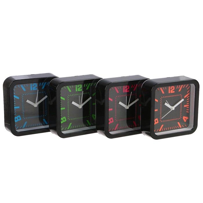 Часы настольные, черные, квадрат, цифры 4, 8, 12, остальные - отметки, микс, 12*12см