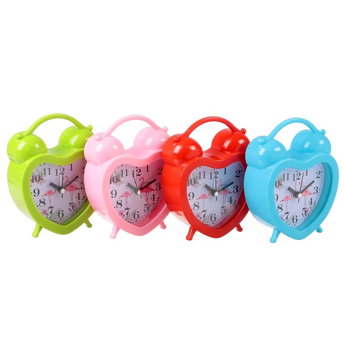 Будильник сердце, на циферблате Фламинго, пластик, микс, 11*14см