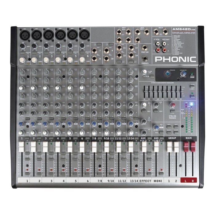 Микшерный пульт Phonic AM642D USB , 6 моно мик/лин вход + 4 стереовхода, 2 подгруппы