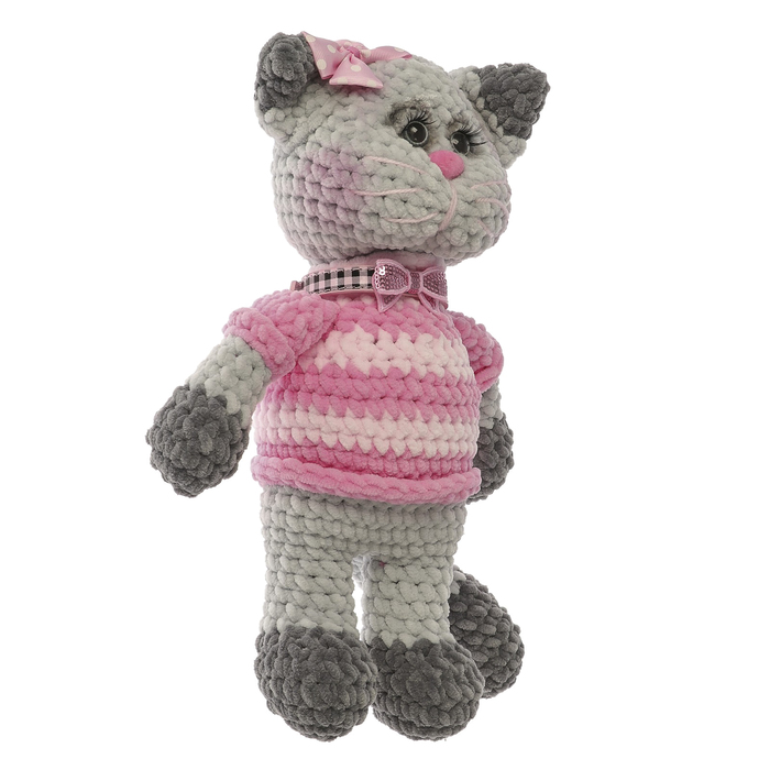 Сувенир вязаный "Кот серый с бантиком и ошейником" в розовом, 30 см