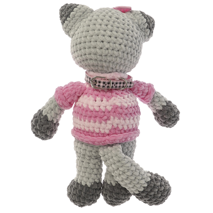 Сувенир вязаный "Кот серый с бантиком и ошейником" в розовом, 30 см