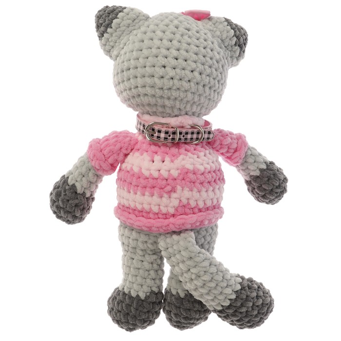 Сувенир вязаный "Кот серый с бантиком и ошейником" в розовом, 30 см